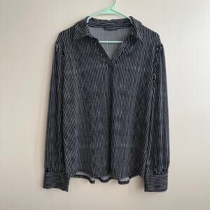 Adrianna Papell Black White Stripe Vertical Stripe V-neck Collared Blouse Sz XL